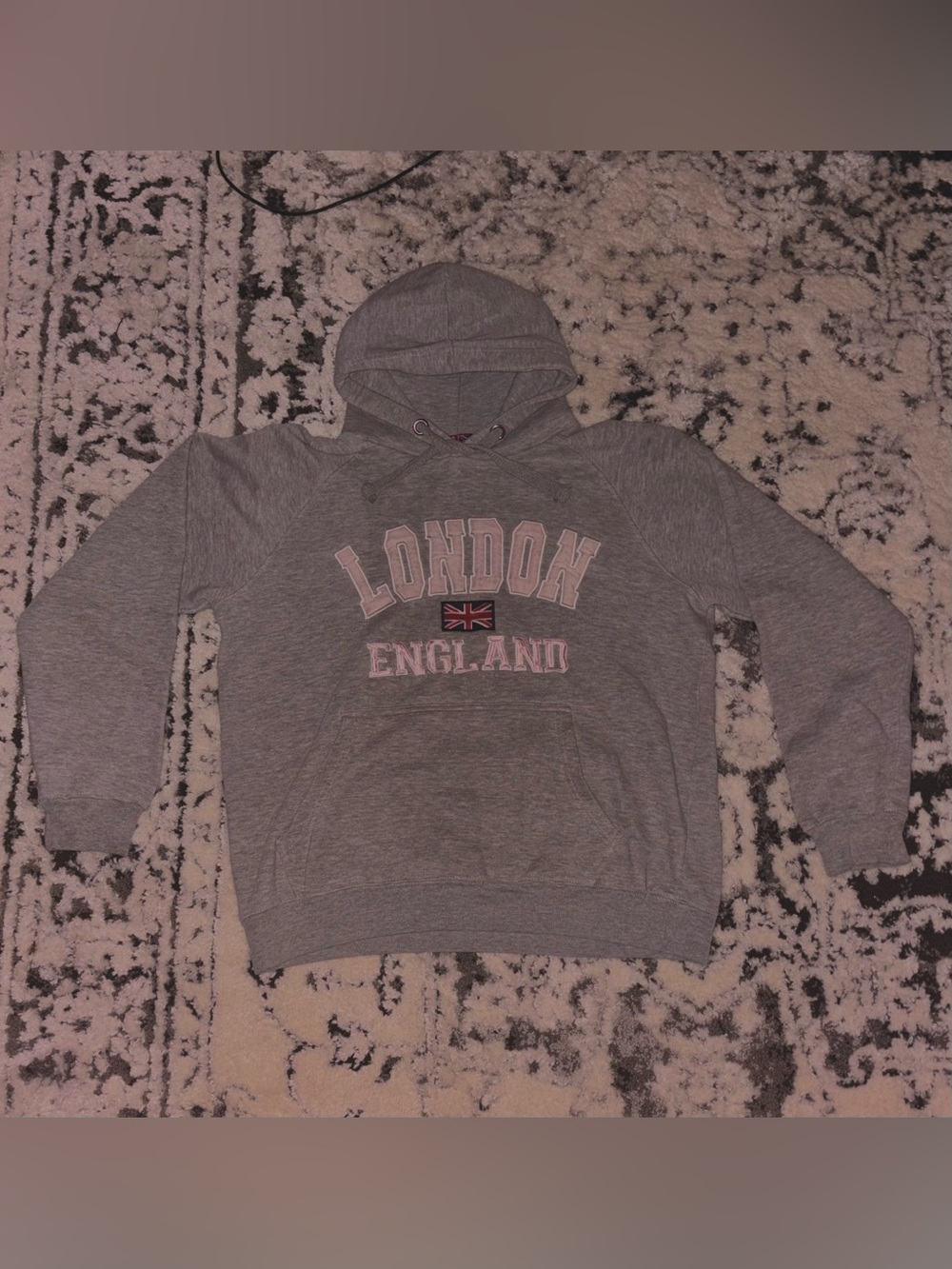 grey and baby pink london england 2000s vintage hoodie
